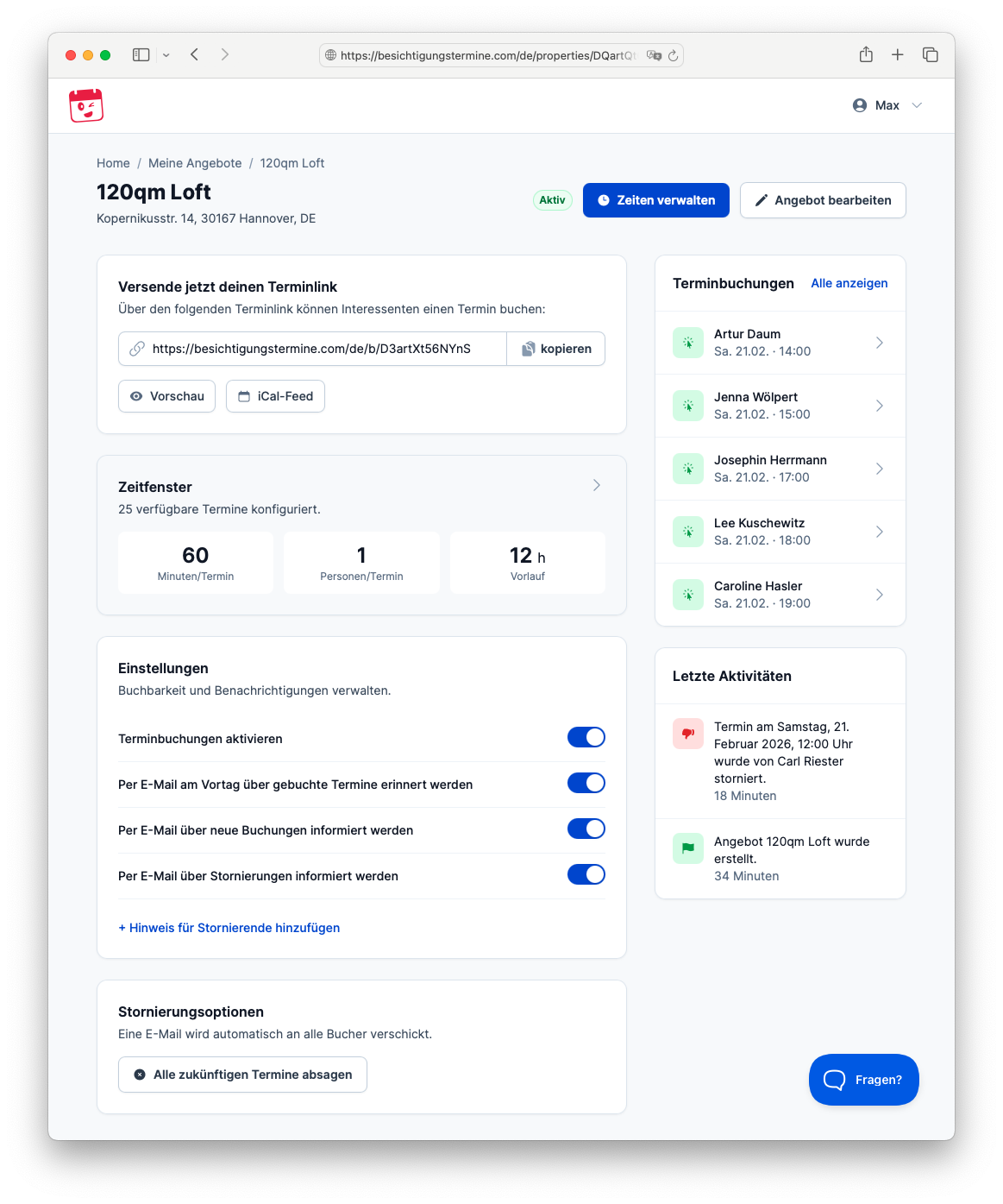 Besichtigungstermine Dashboard