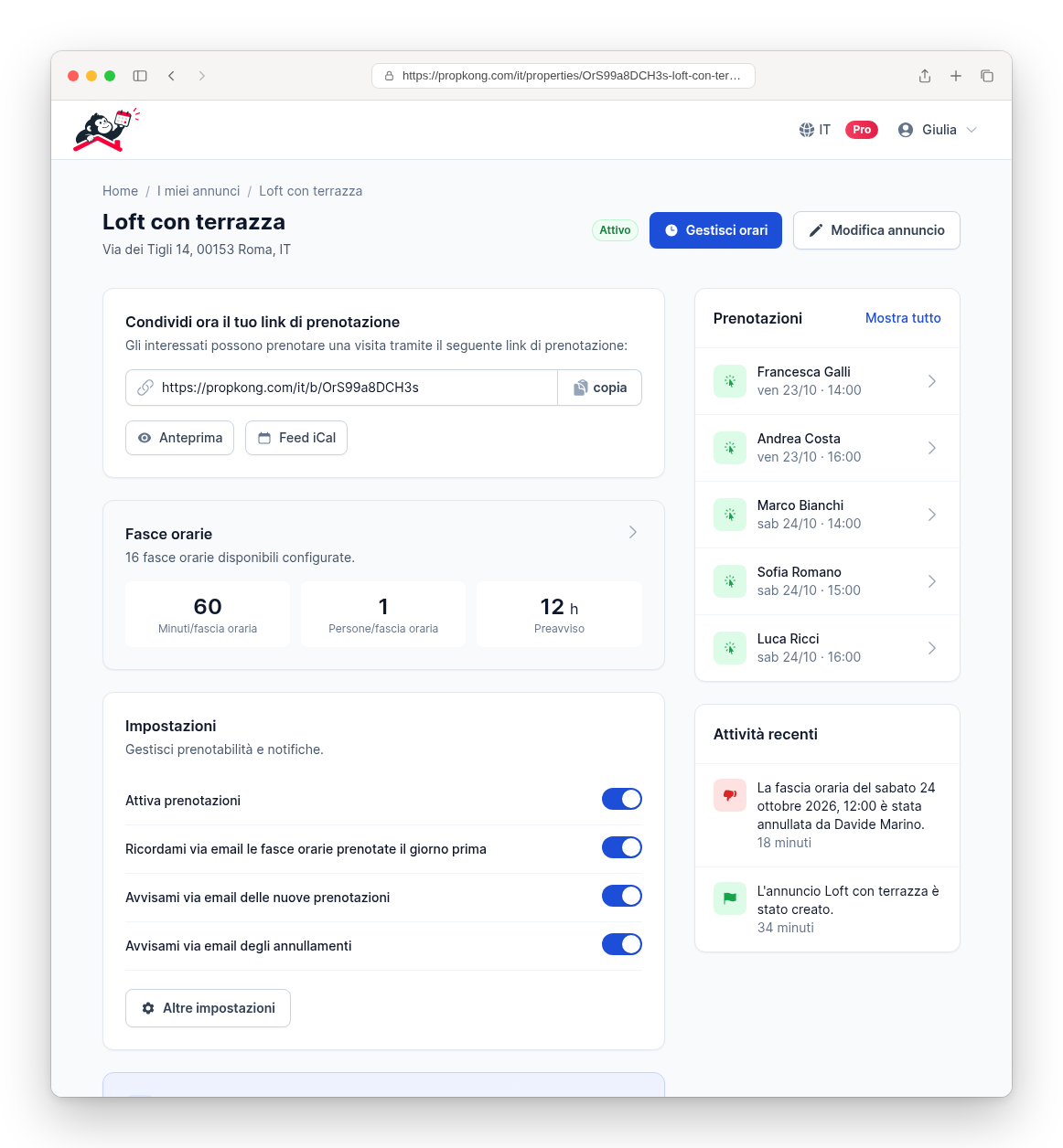 Dashboard degli appuntamenti per le visite