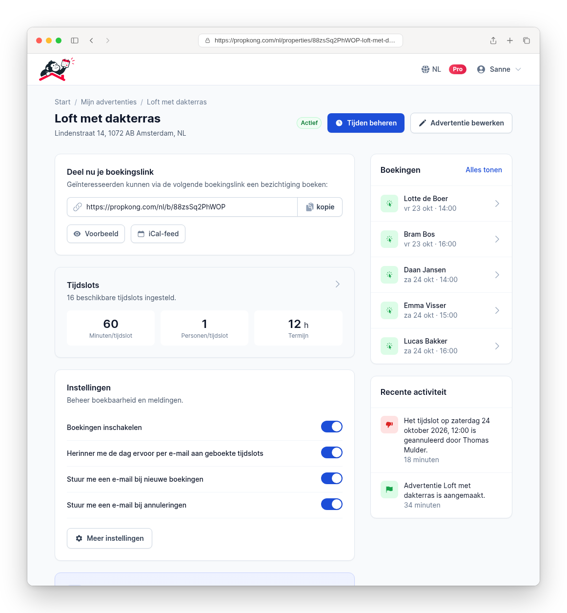 Dashboard met bezichtigingsafspraken